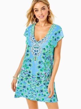 Lilly Pulitzer Blue Printed V-Neck Women’s Swim Cover-Up / Summer Dress XS Mini